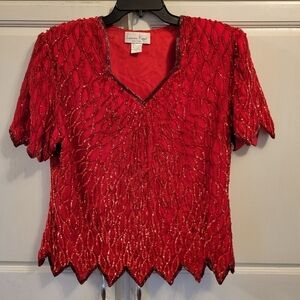 Vintage Laurence Kazar Red Sequin Beaded Silk Blouse